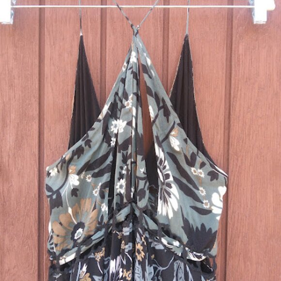 FREE PEOPLE | Pages Of Gold Dark Floral Tiered Maxi Or Midi Dress Boho Flowy M - Picture 8 of 14